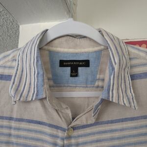 Banana Republic Shirt Mens Large Linen Cotton Striped Short Sleeve Button Up